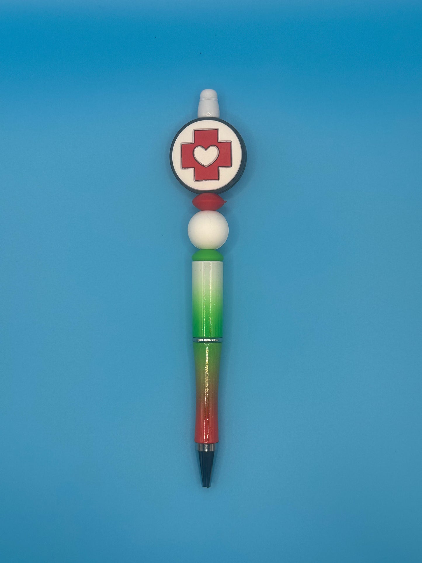 Beaded Writing Pen - Ombre Green/Red Cross
