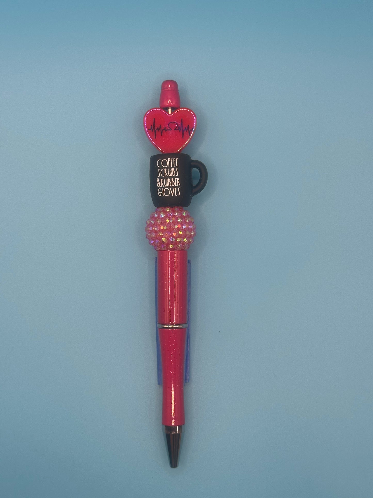 Beaded Writing Pen - Pink w/EKG Heart & Mug Bead