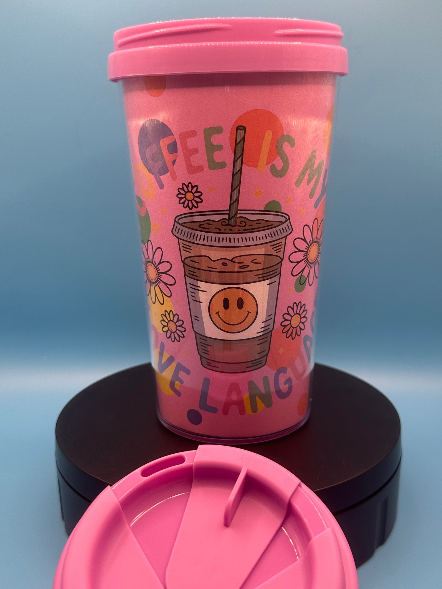 Travel Mug 17 oz - Coffee is Love (pink background) - Lilac Pink