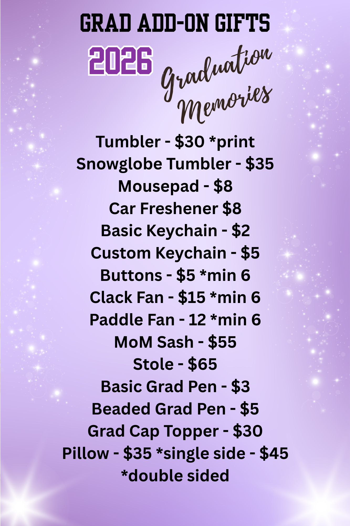 Grad Package Add-On Price List