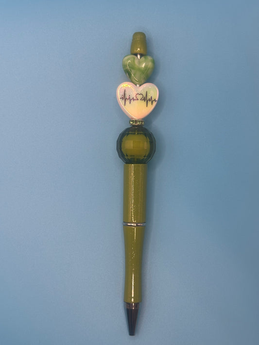 Beaded Writing Pen - Green EKG Heart