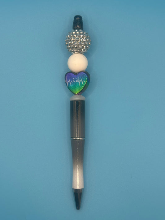 Beaded Writing Pen - Ombre Black/White w/EKG Heart
