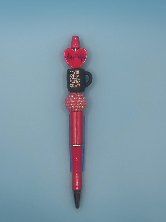 Beaded Writing Pen - Pink w/EKG Heart & Mug Bead