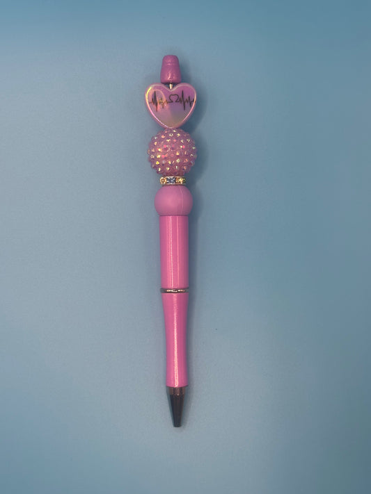 Beaded Writing Pen - Pink w/EKG Heart