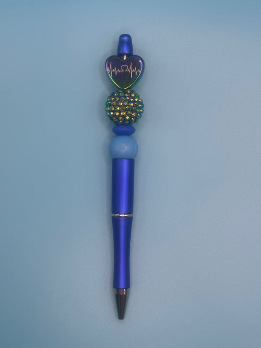 Beaded Writing Pen - Blue w/EKG Heart