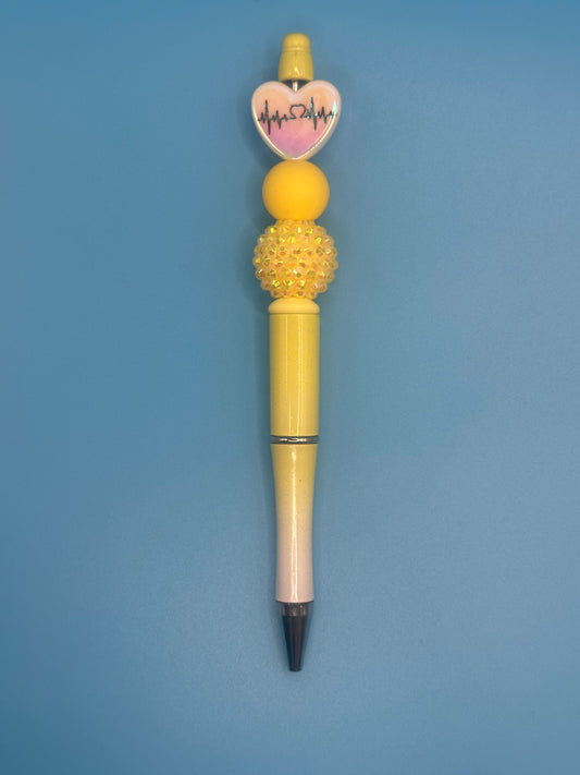 Beaded Writing Pen - Yellow w/EKG Heart