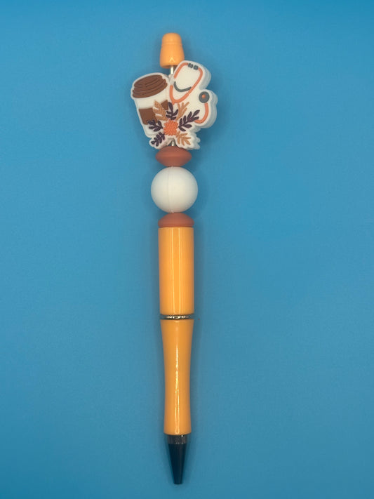 Beaded Writing Pen - Beige/Brown w/Medical Theme Bead