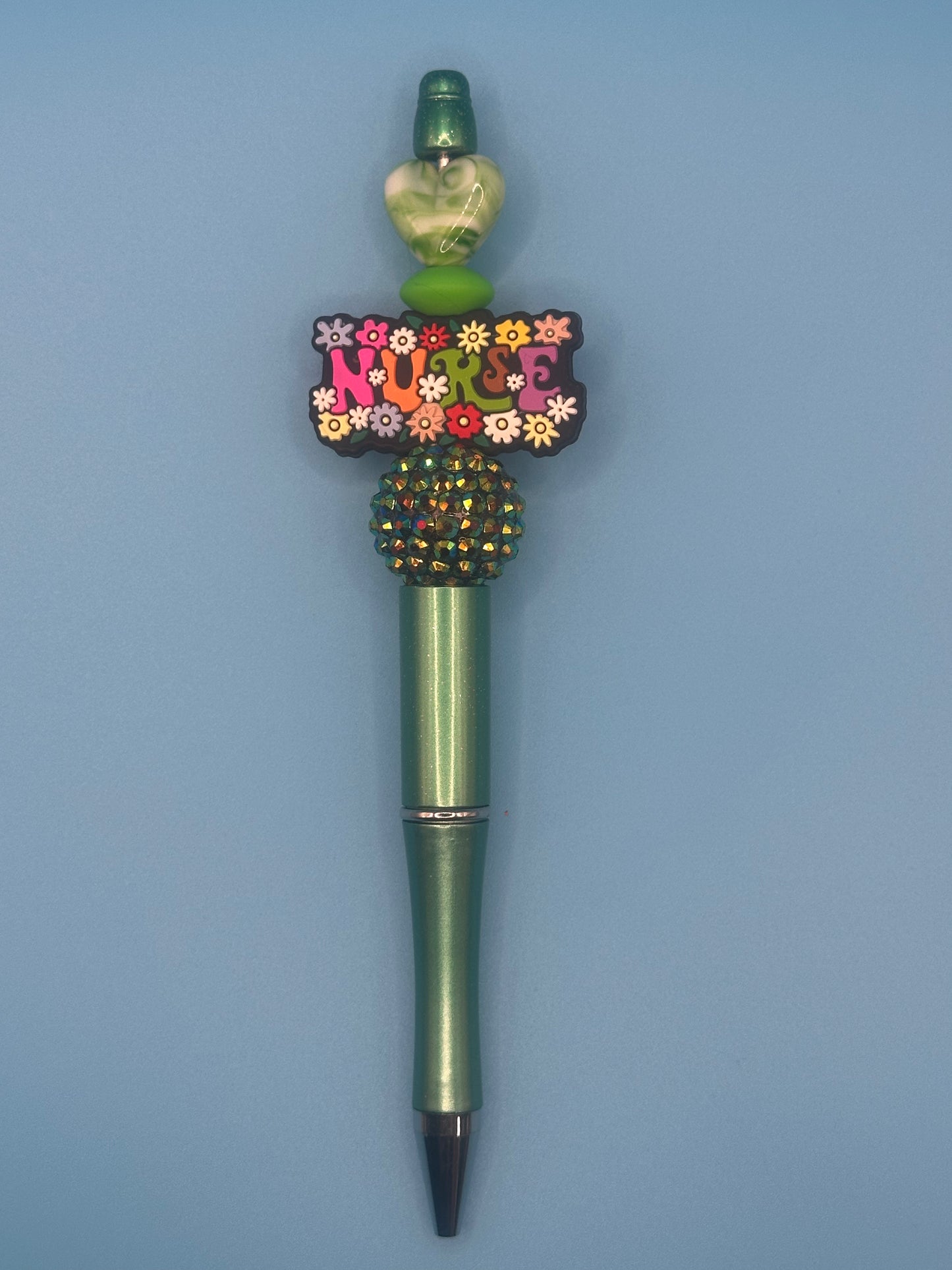 Beaded Writing Pen - Green w/Nurse Theme & Heart Bead