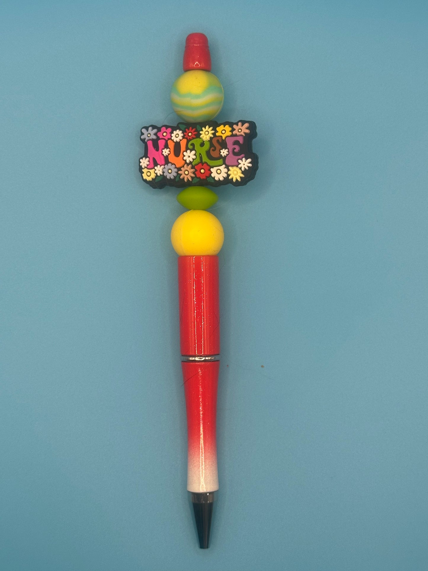 Beaded Writing Pen - Ombre Red/White w/Nurse Bead