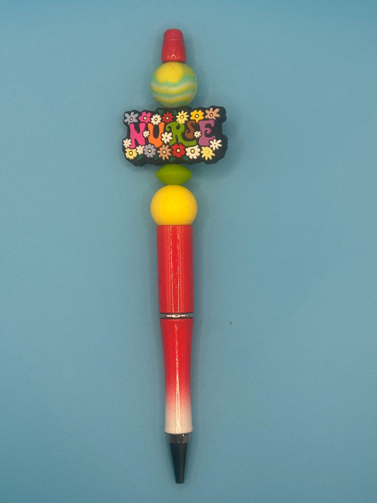 Beaded Writing Pen - Ombre Red/White w/Nurse Bead