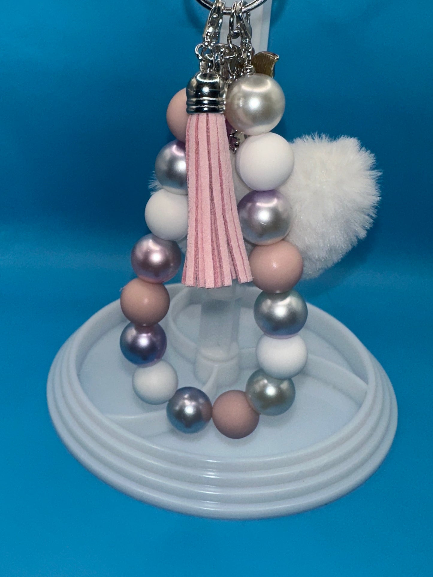 Keychain - Charmed Beaded Wristlet - Faith Based - White/Soft Pink