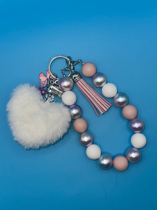 Keychain - Charmed Beaded Wristlet - Faith Based - White/Soft Pink