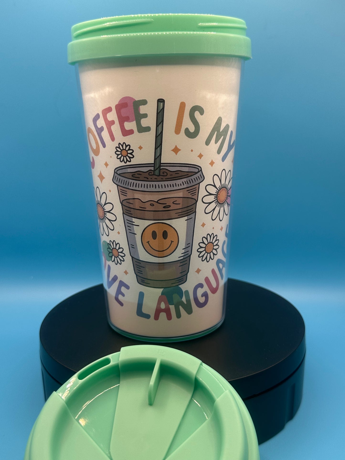 Travel Mug 17 oz - Coffee is Love (white background) - Teal Green