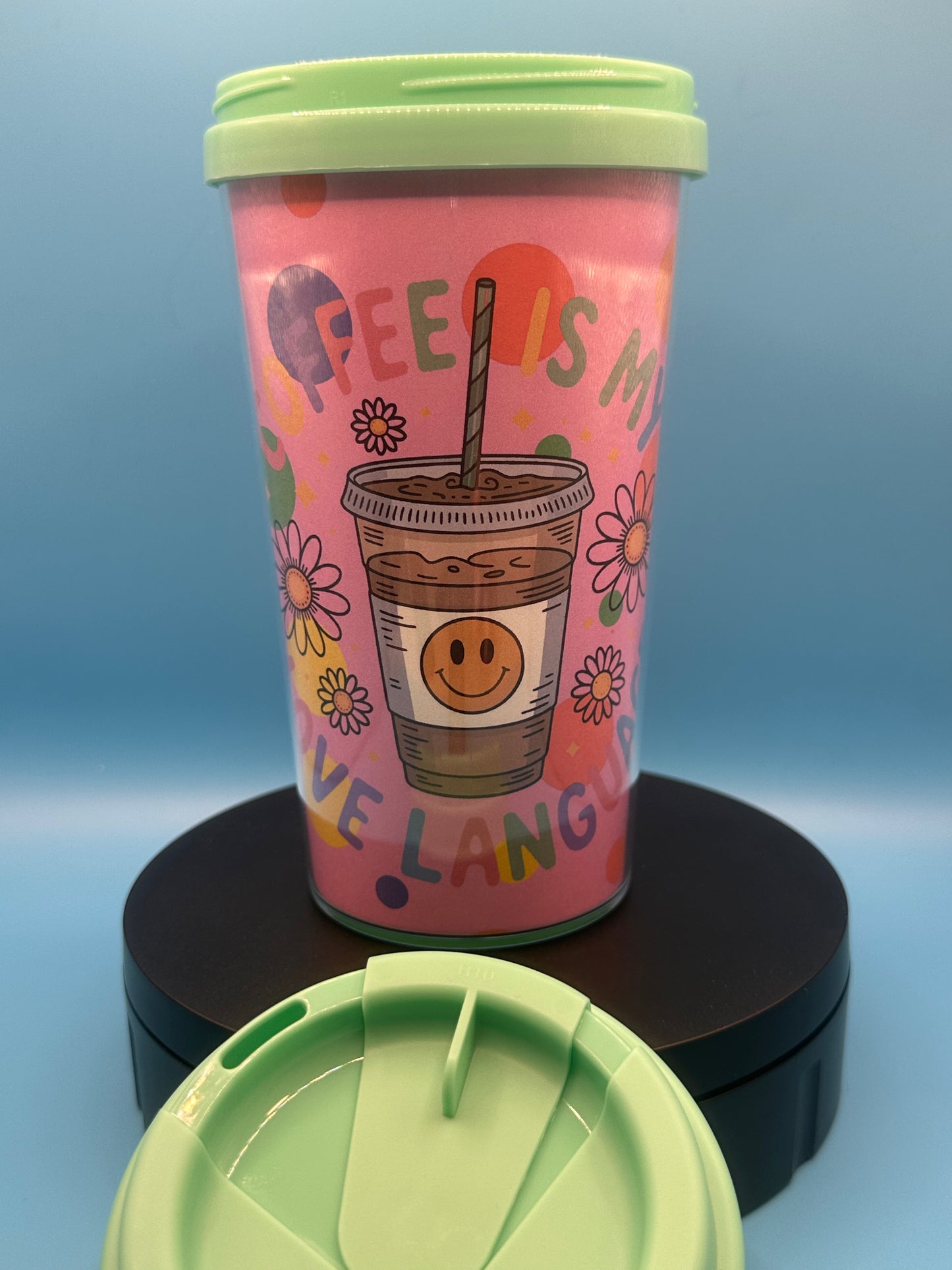 Travel Mug 17 oz - Coffee is Love (pink background) - Teal Green