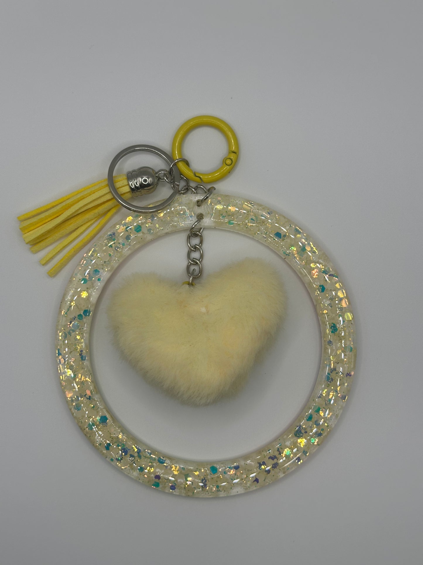 Keychain - Acrylic Bangle Wristlet w/Pastel Yellow Heart Pom-Pom