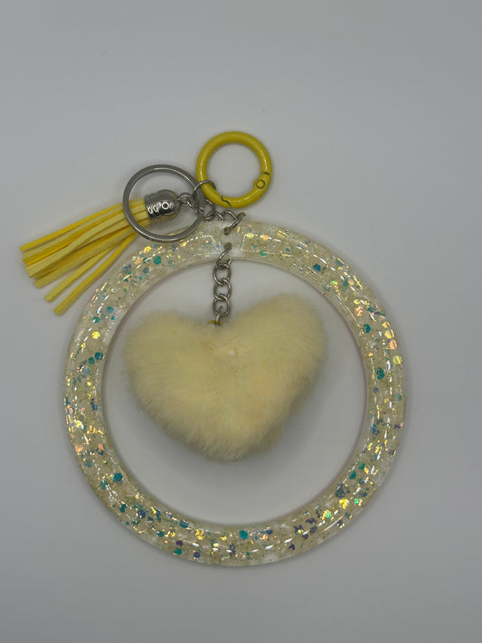 Keychain - Acrylic Bangle Wristlet w/Pastel Yellow Heart Pom-Pom