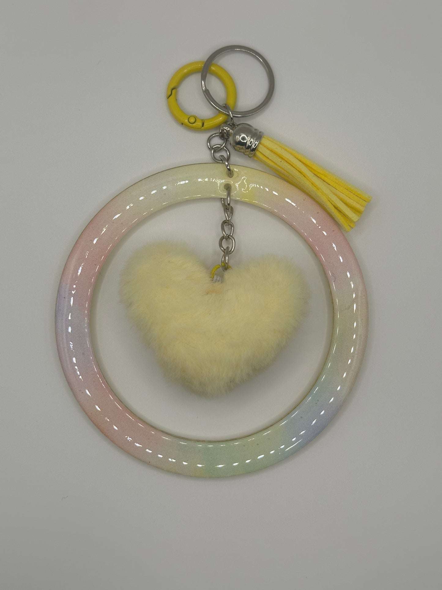 Keychain - Acrylic Bangle Wristlet w/Pastel Yellow Heart Pom-Pom