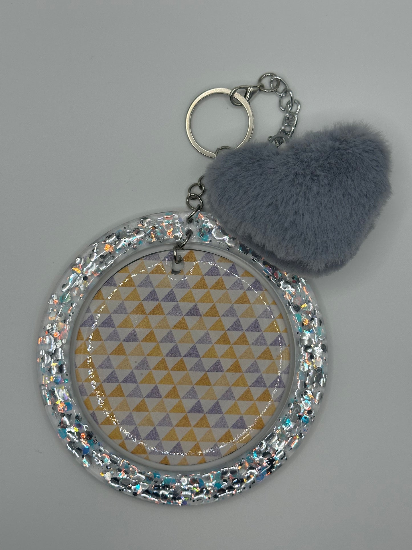 Keychain - Acrylic Bangle Wristlet w/Gray Heart Pom-Pom