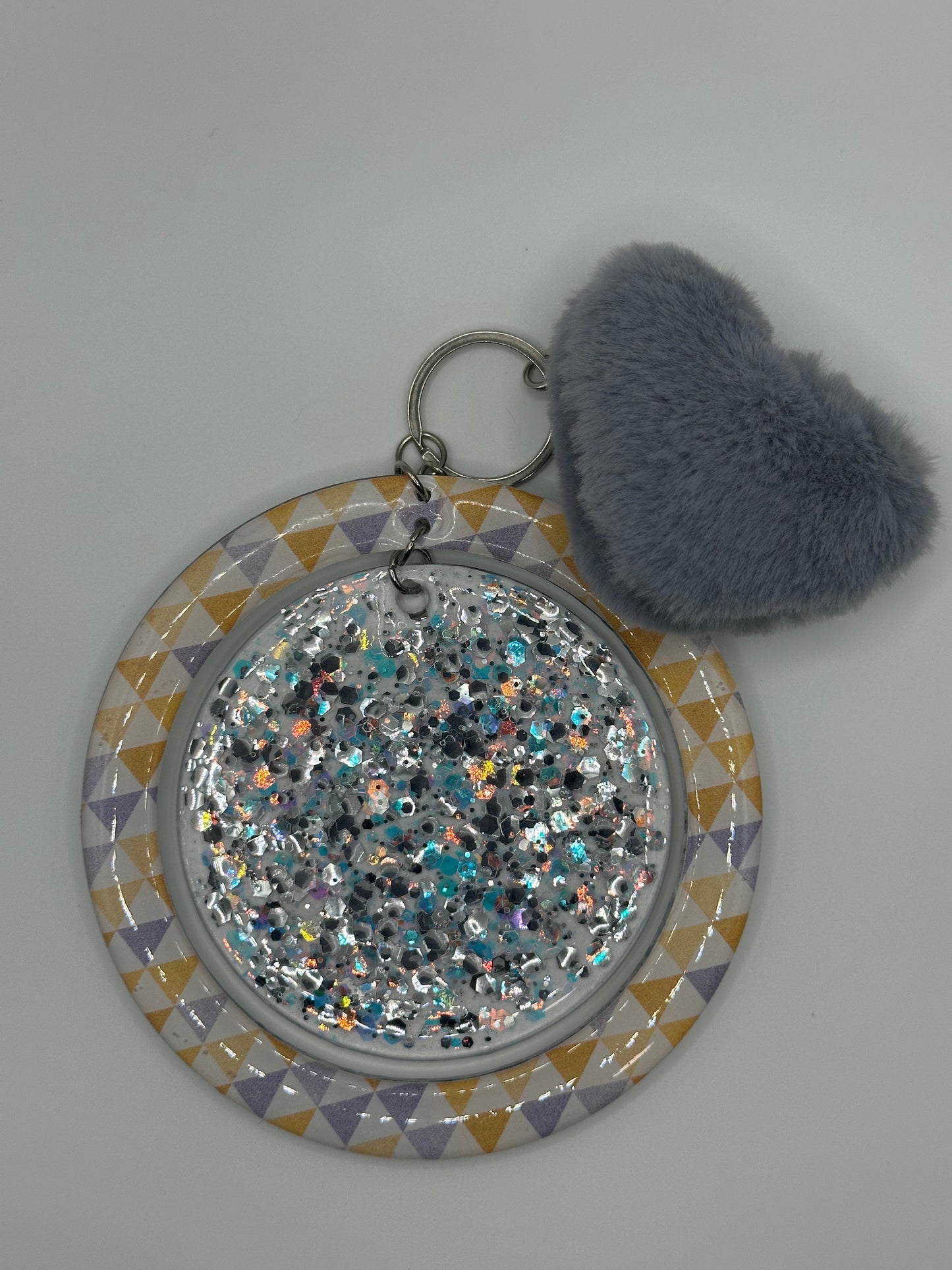 Keychain - Acrylic Bangle Wristlet w/Gray Heart Pom-Pom