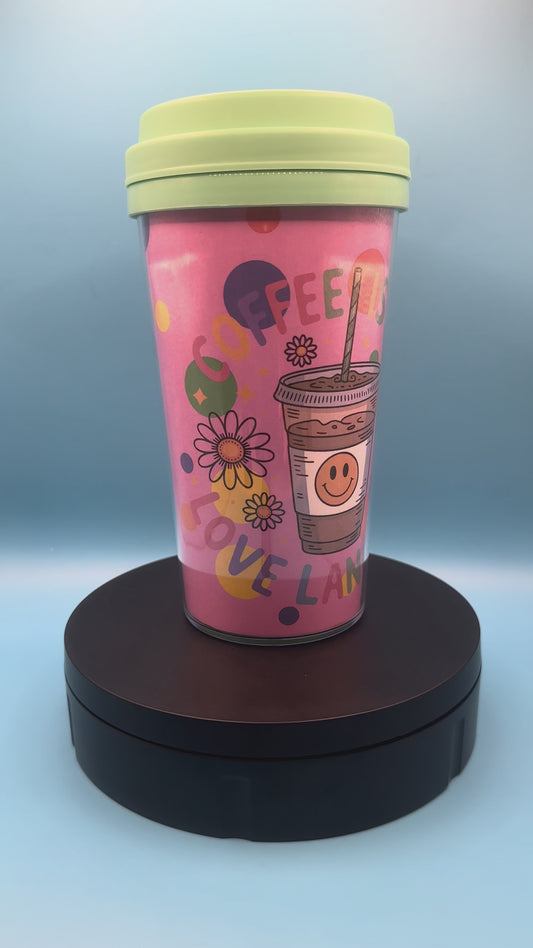 Travel Mug 17 oz - Coffee is Love (pink background) - Teal Green