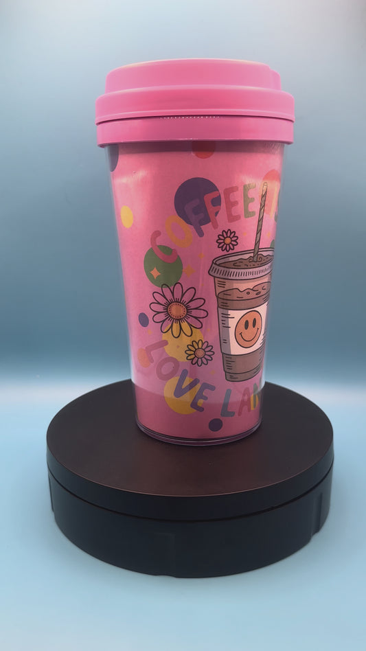 Travel Mug 17 oz - Coffee is Love (pink background) - Lilac Pink